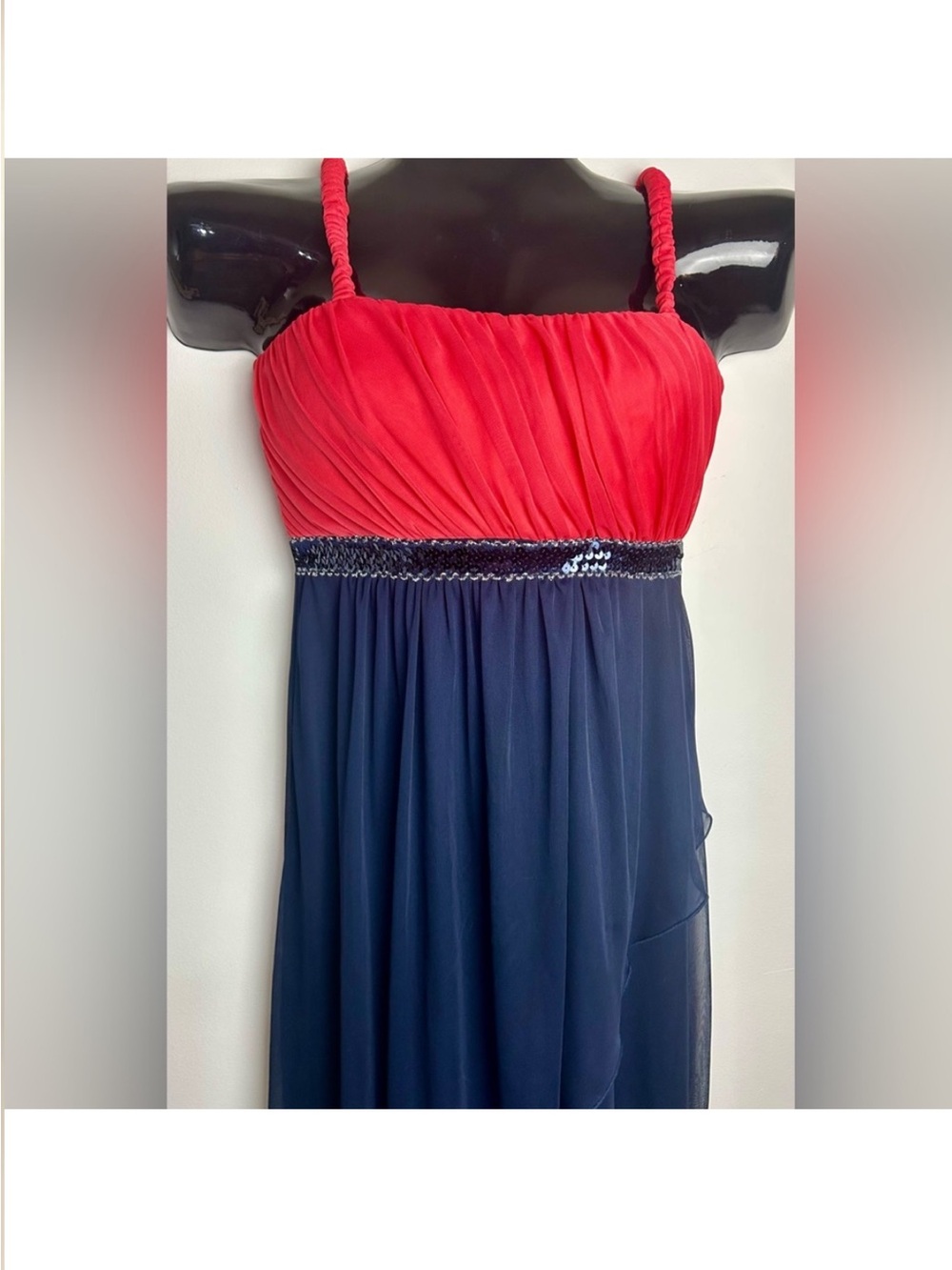 Enfocus Studio Red and Navy High-Low Spaghetti Strap Dress with Sequined Waist - Picture 2 of 8